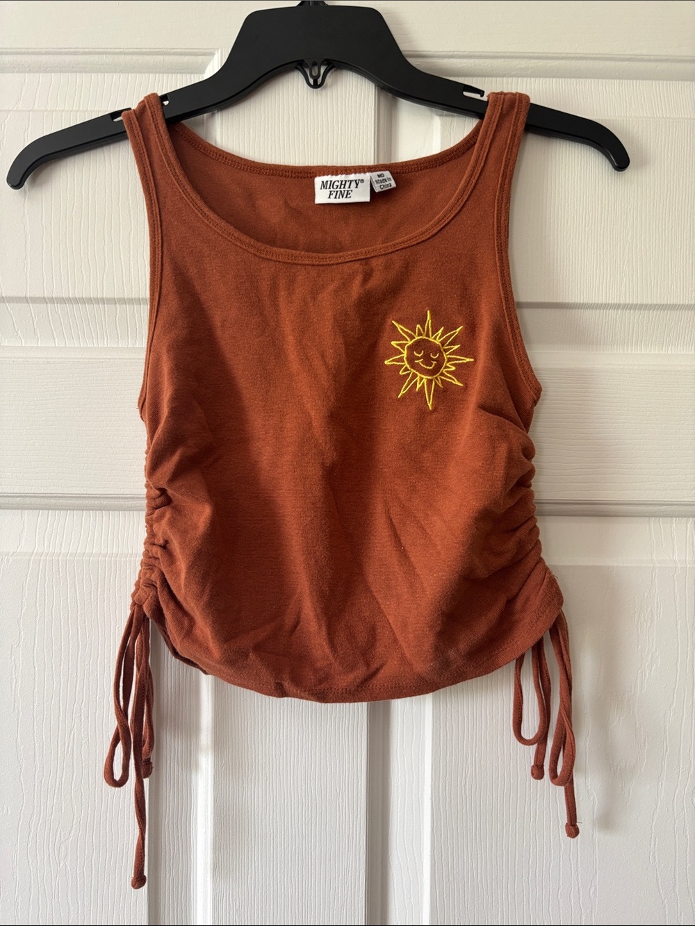 Mighty Fine Rust Tank Top with Yellow Sun Embroidery